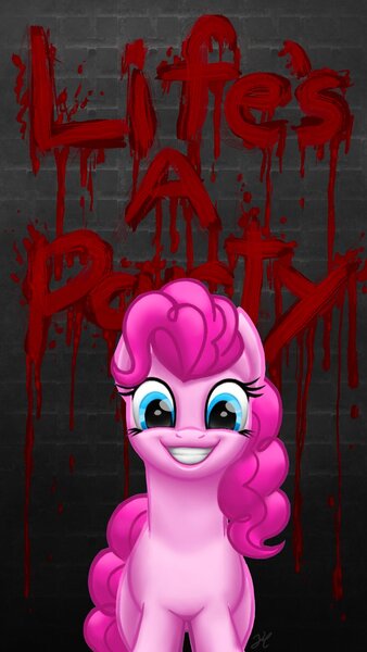 Size: 1154x2048 | Tagged: semi-grimdark, artist:tygerthezebra, derpibooru import, earth pony, pony, fanfic:cupcakes, g4, blood, bloody writing, creepy, creepy grin, female, grin, image, jpeg, looking at you, mare, smiling, solo, tail