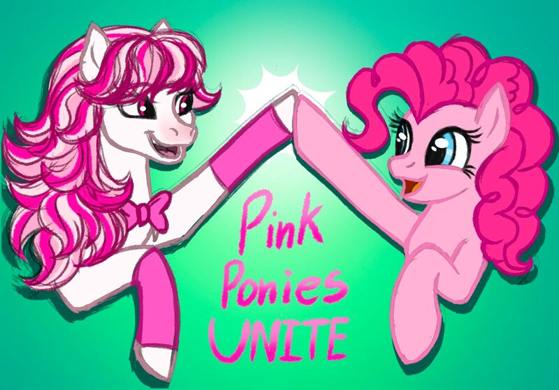 Size: 2048x1431 | Tagged: safe, artist:tygerthezebra, derpibooru import, pinkie pie, earth pony, horse, pony, g4, bow, candi (wild manes), clothes, crossover, duo, duo female, female, high five, image, jpeg, leg warmers, mare, open mouth, open smile, raised hoof, smiling, wild manes