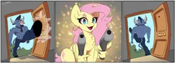 Size: 5498x2000 | Tagged: safe, artist:skitsniga, derpibooru import, fluttershy, iron will, minotaur, pegasus, pony, g4, putting your hoof down, chest fluff, comic, door, doorway, duo, duo male and female, female, gun, handgun, image, kicking, male, mare, no dialogue, open mouth, open smile, pistol, png, smiling, weapon, wing hands, wing hold, wings