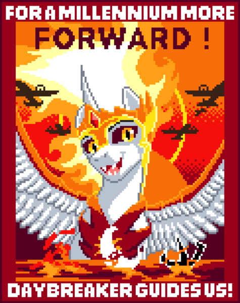 Size: 976x1232 | Tagged: safe, artist:kflash2814, artist:tofuslied-, derpibooru import, daybreaker, pony, equestria at war mod, g4, digital art, female, image, manepxls, mare, open mouth, pixel art, plane, png, poster, propaganda, pxls.space, solo, spread wings, wings