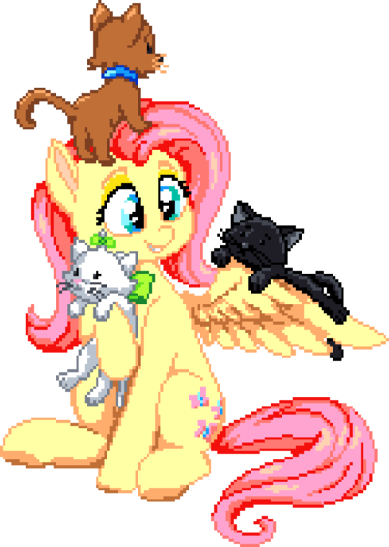 Size: 1104x1552 | Tagged: safe, artist:dstears, artist:epicvon, derpibooru import, fluttershy, cat, pegasus, pony, g4, berlioz, cute, digital art, disney, female, image, kitten, manepxls, mare, marie, pixel art, png, pxls.space, shyabetes, simple background, solo, the aristocats, toulouse, transparent background