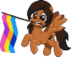 Size: 1070x850 | Tagged: safe, artist:katnekobase, derpibooru import, editor:cocoa bittersweet, oc, oc:cocoa bittersweet, pegasus, pony, g4, digital art, flag, flying, holding, image, male, manepxls, mouth hold, pansexual pride flag, pixel art, png, pride, pride flag, pxls.space, simple background, smiling, solo, stallion, transparent background