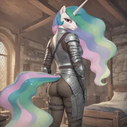 Size: 3072x3072 | Tagged: safe, ai content, derpibooru import, machine learning generated, prompter:jasedward, princess celestia, alicorn, anthro, armor, ass, bedroom, butt, horn, image, looking at you, medieval, png, smiling, solo