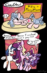 Size: 1155x1797 | Tagged: safe, artist:captainzigo, derpibooru import, cozy glow, princess cadance, princess flurry heart, shining armor, alicorn, pegasus, pony, unicorn, g4, 2 panel comic, comic, dialogue, female, group, horn, image, lesbian, male, mare, older, older flurry heart, png, ship:cozyheart, ship:shiningcadance, shipping, speech bubble, stallion, straight, vulgar