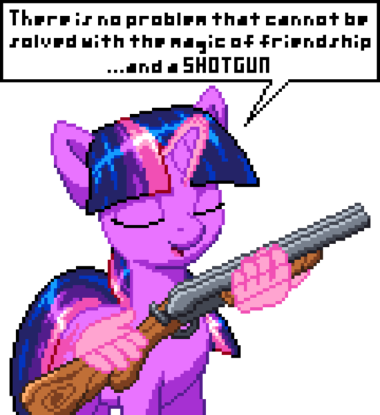 Size: 960x1048 | Tagged: safe, artist:skitsniga, artist:tihan, derpibooru import, twilight sparkle, pony, unicorn, g4, digital art, double barreled shotgun, eyes closed, female, glow, glowing horn, gun, hand, holding, horn, image, magic, magic aura, magic hands, manepxls, mare, open mouth, pixel art, png, pxls.space, shotgun, simple background, smiling, solo, speech bubble, transparent background, unicorn twilight, weapon