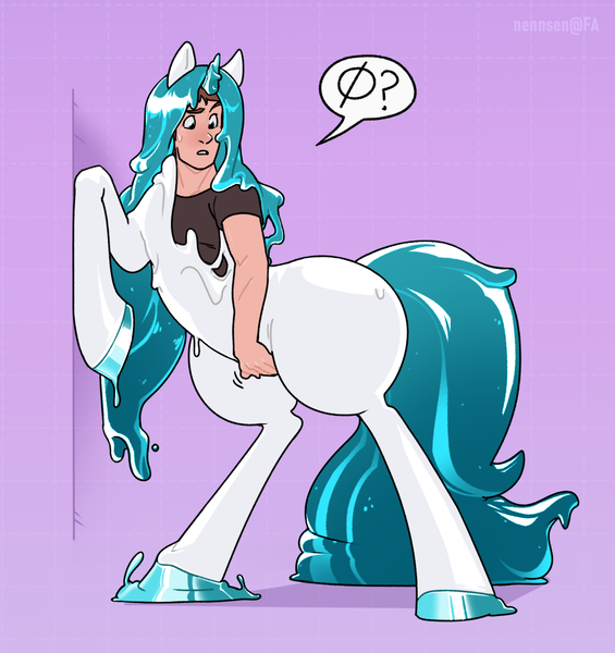 Size: 1200x1274 | Tagged: suggestive, artist:nennsen, derpibooru import, oc, unofficial characters only, goo, human, latex pony, original species, pony, rubber pony, unicorn, against wall, butt, colored hooves, confused, featureless crotch, horn, huge butt, human to pony, image, large butt, latex, latex skin, liquid latex, pictogram, png, purple background, rubber, simple background, solo, transformation