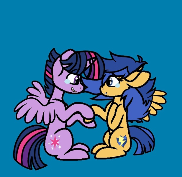 Size: 1379x1340 | Tagged: safe, artist:magickyotearts112295, derpibooru import, flash sentry, twilight sparkle, twilight sparkle (alicorn), alicorn, pegasus, pony, g4, blue background, cute, daaaaaaaaaaaw, duo, duo male and female, dusk shine, female, flare warden, flashlight, holding hoof, image, jpeg, looking at each other, looking at someone, male, mare, prince dusk, rule 63, ship:duskflare, shipping, simple background, smiling, smiling at each other, stallion, straight, teary eyes