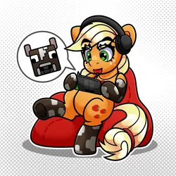 Size: 4000x4000 | Tagged: safe, artist:partypievt, derpibooru import, applejack, cow, earth pony, pony, beanbag, beanbag chair, chew toy, chewing, cowprint, eating, eyebrows, eyelashes, hatless, headphones, image, minecraft, missing accessory, nintendo, nintendo switch, png, solo, switch