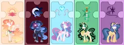 Size: 2259x822 | Tagged: safe, artist:alinamandarina, artist:lunerymish, derpibooru import, princess flurry heart, oc, oc:flowris sunbeam, oc:luneria lokisdottir, oc:luneria sparkle, oc:magical sentry, oc:moonlight eclipse, alicorn, changepony, hybrid, pony, unicorn, g4, female, group, horn, image, interspecies offspring, mare, offspring, older, older flurry heart, parent:flash sentry, parent:king sombra, parent:loki laufeyson, parent:oc:twivine sparkle, parent:princess celestia, parent:princess luna, parent:thorax, parent:twilight sparkle, parents:flashlight, parents:lumbra, parents:thoralestia, png