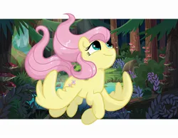 Size: 2160x1680 | Tagged: safe, artist:brella, derpibooru import, fluttershy, pegasus, pony, g4, cute, female, flying, forest, image, jpeg, looking up, nature, shyabetes, smiling, solo, tree