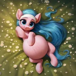 Size: 1024x1024 | Tagged: safe, ai content, derpibooru import, machine learning assisted, machine learning generated, prompter:jaguarcalamitydejv, aloe, earth pony, pony, g4, belly, big belly, female, flower, grass, headdress, image, jpeg, lying, lying down, lying on grass, mare, on back, solo, stretch marks