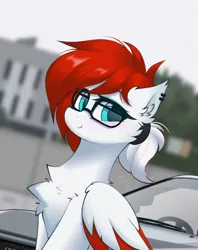 Size: 824x1042 | Tagged: safe, artist:rieyadraws, derpibooru import, oc, oc:aerobeat, unofficial characters only, pegasus, pony, blue eyes, blushing, car, chest fluff, colored wings, colored wingtips, ear fluff, ear piercing, glasses, hairband, image, looking at you, nissan, nissan gt-r, piercing, png, red hair, smiling, smiling at you, two toned mane, two toned wings, white coat, wings