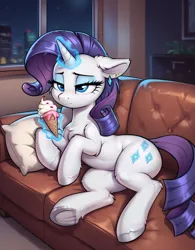 Size: 800x1024 | Tagged: safe, ai content, derpibooru import, machine learning generated, prompter:thelight3d, stable diffusion, rarity, pony, unicorn, g4, belly, chest fluff, clothes, couch, ear fluff, ear piercing, female, floppy ears, food, generator:pony diffusion v6 xl, horn, ice cream, image, levitation, magic, mare, piercing, png, solo, telekinesis, underwear, unshorn fetlocks