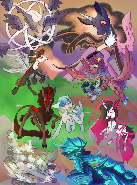 Size: 2138x2894 | Tagged: safe, artist:destiny_manticor, derpibooru import, tantabus, oc, oc:binghe, oc:crosshatch, oc:ectoplasm, oc:maxie, oc:princess sea swirl, oc:sabel, oc:solar flare, oc:summerfall, oc:zixxer, unofficial characters only, alicorn, bug pony, changeling, cloud pony, draconequus, hybrid, insect, kirin, merpony, original species, pegasus, plush pony, pony, unicorn, zebra, angel, cloud, colored wings, crystal wings, curly mane, curved horn, ethereal mane, ethereal tail, eyes closed, fangs, female, flying, horn, image, insect wings, jewelry, long mane, looking at each other, looking at someone, male, mare, mountain, no mouth, one eyed, plushie, png, ring, river, rock, sitting, smiling, stallion, standing, tail, transparent wings, two toned mane, two toned wings, unshorn fetlocks, water, wings