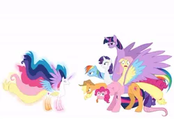 Size: 640x439 | Tagged: safe, artist:veryinsecureperson, derpibooru import, applejack, fluttershy, pinkie pie, rainbow dash, rarity, twilight sparkle, alicorn, hydra, hydra pony, pegasus, pony, seraph, seraphicorn, unicorn, g4, appleflaritwidashpie, applejack's hat, colored wings, cowboy hat, ethereal mane, female, folded wings, freckles, fused, fusion, fusion:applejack, fusion:fluttershy, fusion:pinkie pie, fusion:rainbow dash, fusion:rarity, fusion:twilight sparkle, glow, glowing hooves, glowing horn, glowing mane, hat, horn, image, jpeg, mane six, multicolored wings, multiple heads, multiple wings, open mouth, simple background, six heads, spread wings, tongue out, wat, what has magic done, what has science done, white background, wings