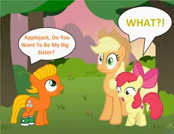 Size: 1840x1412 | Tagged: safe, artist:memeartboi, derpibooru import, apple bloom, applejack, ponified, earth pony, pony, g4, adopted, adopted sister, adoption, alternate universe, applejack's hat, chatting, child, clothes, colt, cowboy hat, darwin watterson, discussion, female, filly, foal, hat, image, jpeg, male, mare, shocked, shocked expression, shocked eyes, sister, socks, standing, surprised, talking, the amazing world of gumball, theory, trio