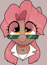 Size: 2032x2801 | Tagged: safe, artist:whiskeypanda, derpibooru import, oc, oc:rummy cup, unofficial characters only, earth pony, pony, bust, clothes, earth pony oc, female, freckles, image, jewelry, looking at you, necklace, png, smiling, solo, suit, sunglasses