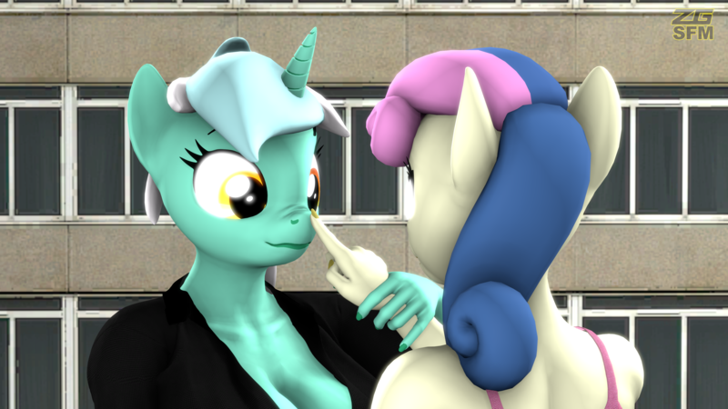 Size: 3840x2160 | Tagged: safe, artist:zgsfm, derpibooru import, bon bon, lyra heartstrings, sweetie drops, anthro, 3d, boops, build, cloth, female, finger, image, nuzzling, png