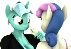 Size: 2937x2017 | Tagged: safe, artist:zgsfm, derpibooru import, bon bon, lyra heartstrings, sweetie drops, anthro, 3d, boops, build, cloth, female, finger, image, nuzzling, png