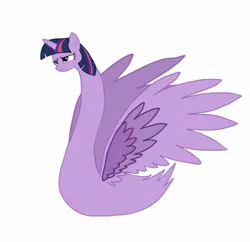 Size: 1105x1069 | Tagged: safe, artist:veryinsecureperson, derpibooru import, twilight sparkle, twilight sparkle (alicorn), alicorn, bird, bird pone, pony, swan, g4, female, image, jpeg, long neck, simple background, solo, species swap, spread wings, wat, what has magic done, what has science done, white background, wings