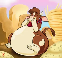 Size: 1572x1474 | Tagged: safe, artist:duragan, derpibooru import, cow, them's fightin' herds, arizona (tfh), belly, bloated, bottom heavy, bread, breadsticks, cao, community related, eating, fat, female, food, image, overeating, pancakes, pear shaped, png, scone, sitting, smiling, stuffed, stuffing, wheat