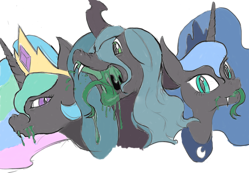 Size: 1290x900 | Tagged: safe, artist:anonymous, princess celestia, princess luna, queen chrysalis, changeling, changeling queen, /mlp/, 4chan, bust, changeling slime, changelingified, drawthread, drool, drool string, fangs, female, forked tongue, image, long tongue, looking at you, open mouth, png, portrait, salivating, slime, slit eyes, species swap, tongue out, trio, uvula