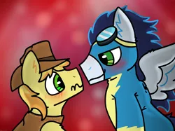 Size: 2732x2048 | Tagged: safe, artist:felixmcfurry, derpibooru import, braeburn, soarin', pegasus, pony, blush lines, blushing, catchlights, clothes, digital art, duo, embarrassed, eye contact, gay, goggles, goggles on head, green eyes, hat, image, imminent kissing, looking at each other, looking at someone, male, png, shading, ship:soarburn, shipping, smiling, smirk, stallion, uniform, wonderbolts uniform