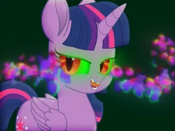 Size: 1440x1080 | Tagged: safe, artist:k. dale, derpibooru import, twilight sparkle, twilight sparkle (alicorn), alicorn, pony, dark background, dark magic, female, forked tongue, glow, glowing eyes, image, magic, mare, movie accurate, png, red eyes, simple background, solo, sombra eyes, tongue out