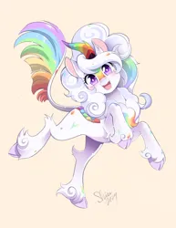 Size: 1250x1618 | Tagged: safe, artist:nekoshiei, derpibooru import, oc, oc:cloudy canvas, unofficial characters only, kirin, commission, female, image, jpeg, looking at you, multicolored hair, multicolored tail, simple background, smiling, smiling at you, solo, tail, white coat