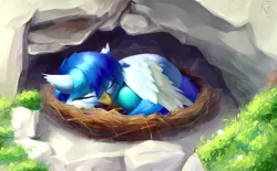 Size: 2000x1236 | Tagged: safe, artist:ktk's sky, derpibooru import, oc, oc:radiant mote, unofficial characters only, classical hippogriff, hippogriff, cave, egg, eyes closed, female, flower, grass, image, nest, png, rock, sleeping, solo, wings