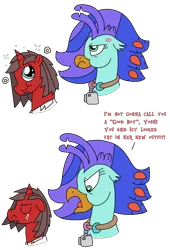 Size: 1416x2088 | Tagged: safe, artist:supahdonarudo, derpibooru import, oc, oc:ironyoshi, oc:sea lilly, unofficial characters only, classical hippogriff, hippogriff, unicorn, angry, bust, camera, clothes, cross-popping veins, dialogue, emanata, flower, horn, i'm not calling you good boy, image, jewelry, meme, necklace, png, ponified meme, shirt, simple background, sparkles, text, transparent background