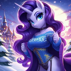 Size: 1024x1024 | Tagged: suggestive, ai content, derpibooru import, machine learning generated, prompter:glimmy-glam, rarity, anthro, g4, castle, choker, cloak, clothes, cloud, female, garters, generator:dall-e 3, image, jpeg, lingerarity, lingerie, looking at you, missing cutie mark, moon, night, panties, pine tree, snow, solo, solo female, stars, sweater, thong, tree, underwear, winter