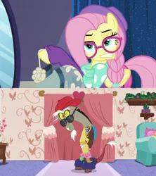 Size: 1280x1440 | Tagged: safe, derpibooru import, edit, edited screencap, screencap, discord, fluttershy, discordant harmony, fake it 'til you make it, g4, alternate hairstyle, bling, clothes, coat hangers, cover up, discoshy, dress, female, glasses, hat, hipstershy, image, jewelry, male, necklace, pants, pants down, png, rapper, scarf, shipping, shipping domino, straight, sunglasses, underwear, waistband, woke