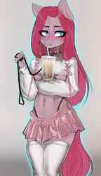 Size: 2222x3849 | Tagged: suggestive, artist:melkaya, derpibooru import, ponerpics import, pinkie pie, anthro, belly button, belly piercing, bellyring, boba tea, breasts, bubble tea, clothes, collar, drink, female, image, leash, microskirt, midriff, panties, piercing, pinkamena diane pie, png, skirt, socks, solo, solo female, stockings, thigh highs, thong, underboob, underwear