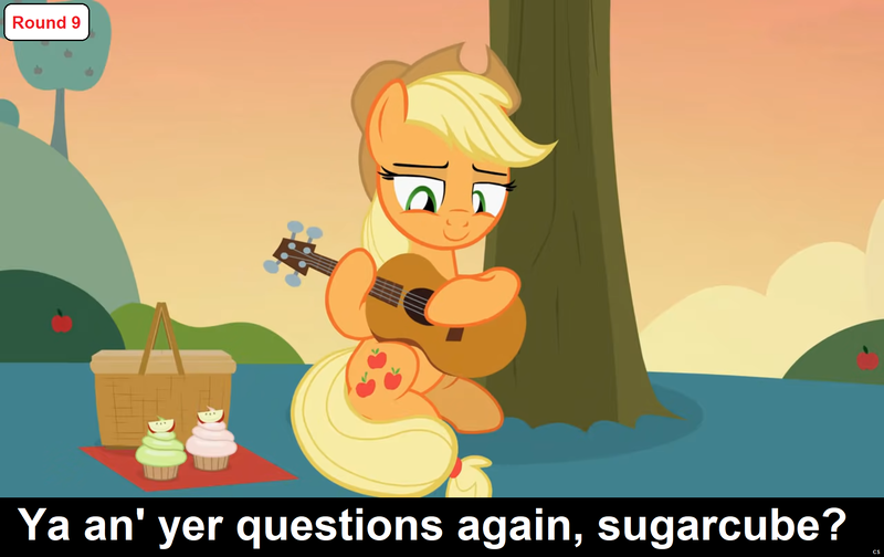 Size: 1920x1209 | Tagged: safe, artist:agrol, derpibooru import, edit, applejack, earth pony, pony, comic:celestia's servant interview, applejack's hat, basket, caption, content, cowboy hat, cs captions, cupcake, cute, detailed background, female, food, guitar, hat, image, image macro, interview, it was a good day, looking down, mare, most sweet apple, musical instrument, picnic basket, picnic blanket, playing instrument, png, sitting, smiling, solo, sunset, text