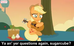 Size: 1920x1209 | Tagged: safe, artist:agrol, derpibooru import, edit, applejack, earth pony, pony, comic:celestia's servant interview, applejack's hat, basket, caption, content, cowboy hat, cs captions, cupcake, cute, detailed background, female, food, guitar, hat, image, image macro, interview, it was a good day, looking down, mare, most sweet apple, musical instrument, picnic basket, picnic blanket, playing instrument, png, sitting, smiling, solo, sunset, text