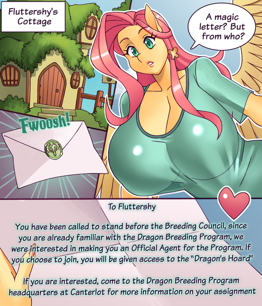 Size: 3000x3500 | Tagged: safe, artist:nauth, derpibooru import, fluttershy, anthro, pegasus, comic:dragon slayer fluttershy, big breasts, breasts, busty fluttershy, celestia's dragon breeding program, huge breasts, image, invitation, jpeg, large butt, letter