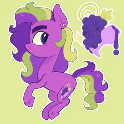 Size: 5000x5000 | Tagged: safe, derpibooru import, oc, oc:grapevine (pilesofmiles), unofficial characters only, earth pony, pony, big eyes, colored eyebrows, curly hair, curly mane, cutie mark, ear piercing, earring, eyebrows, freckles, green background, hoof fluff, image, jewelry, long mane male, looking back, male, male oc, mole, multicolored hair, multicolored mane, multicolored tail, outline, piercing, png, ponysona, profile, purple coat, purple eyes, simple background, smiling, solo, stallion, stallion oc, tail, thick eyebrows, wavy mane