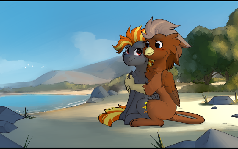 Size: 2232x1406 | Tagged: safe, artist:little-sketches, derpibooru import, oc, oc:digidash, oc:grimvale, unofficial characters only, gryphon, pegasus, beach, hug, hug from behind, image, lake, looking at each other, looking at someone, mountain, png, rock, scenery, sitting, water