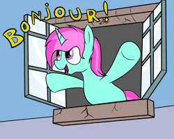 Size: 2000x1600 | Tagged: safe, artist:amateur-draw, derpibooru import, oc, oc:belle boue, unofficial characters only, pony, unicorn, beauty and the beast, bonjour, french, horn, image, male, png, simple background, solo, stallion, window