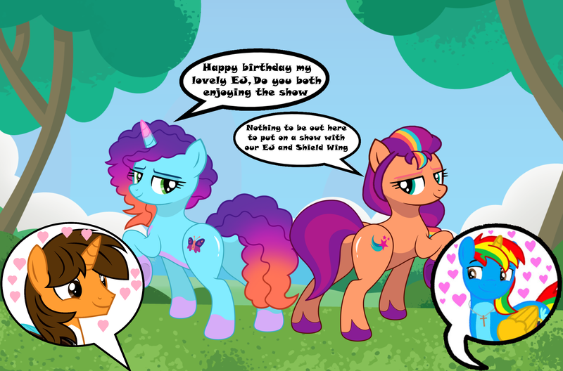 Size: 3515x2320 | Tagged: safe, artist:shieldwingarmorofgod, derpibooru import, sunny starscout, oc, oc:ej, oc:shield wing, alicorn, earth pony, g4, g5, alicorn oc, birthday gift, canon x oc, dialogue, female, g5 to g4, generation leap, horn, image, male, mane stripe sunny, misty brightdawn, png, self insert, straight, wings