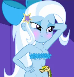 Size: 620x640 | Tagged: suggestive, derpibooru import, trixie, snake, belly, belly button, breasts, busty trixie, female, flower bikini, image, navel play, png, solo, solo female