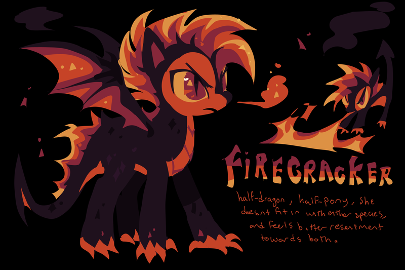 Size: 2048x1365 | Tagged: safe, artist:squilko, derpibooru import, part of a set, oc, oc:firecracker, unofficial characters only, dracony, dragon, hybrid, pony, g4, antagonist, bald face, big eyes, black background, black coat, blaze (coat marking), coat markings, colored belly, colored claws, colored pinnae, colored sclera, dragon tail, facial markings, fire, frown, image, mane of fire, mohawk, orange sclera, png, profile, red eyes, red text, simple background, slit pupils, solo, sparkly wings, spiked tail, spread wings, standing, tail, text, three toned wings, wings