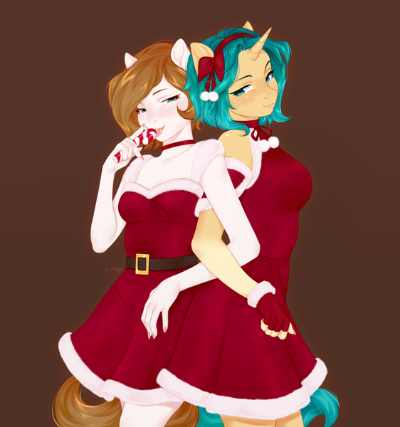 Size: 1376x1470 | Tagged: safe, artist:bylullabysoft, derpibooru import, oc, oc:depth chaser, oc:lullaby, unofficial characters only, anthro, earth pony, unicorn, belt, blue eyes, bow, breasts, brown hair, brown tail, candy, candy cane, choker, christmas, christmas outfit, cleavage, clothes, colored background, dress, earth pony oc, eyebrows, eyelashes, female, female oc, fingerless gloves, food, freckles, fur trim, futa, futa oc, gloves, green hair, green tail, headband, holiday, horn, image, intersex, licking, looking at you, narrowed eyes, open mouth, orange coat, png, short hair, shoulderless, simple background, skirt, smiling, smiling at you, tail, tongue out, unicorn oc, white coat