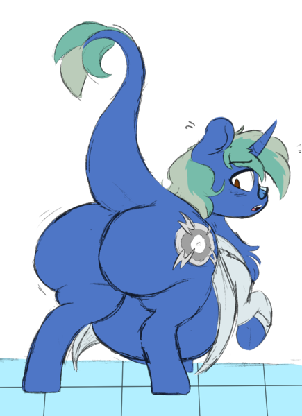 Size: 827x1141 | Tagged: suggestive, artist:polofastter, artist:somefrigginnerd, derpibooru import, oc, oc:nova spark, unofficial characters only, monster pony, original species, tatzlpony, belly, big belly, blushing, butt, chest fluff, clothes, embarrassed, fangs, fat, female, glasses, image, lab coat, large butt, looking back, plot, png, post-vore, raised tail, simple background, sketch, solo, solo female, tail, the ass was fat, transparent background, vore, weight gain