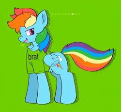 Size: 1796x1660 | Tagged: safe, artist:spookyfoxinc, derpibooru import, rainbow dash, pegasus, pony, album, brat, clothes, folded wings, image, jpeg, shirt, simple background, solo, t-shirt, wings