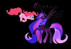 Size: 2048x1421 | Tagged: safe, artist:petaltwinkle, derpibooru import, pinkie pie, twilight sparkle, twilight sparkle (alicorn), alicorn, earth pony, pony, g4, :p, black background, colored pupils, crown, duo, duo female, fangs, female, floating heart, floppy ears, heart, heart eyes, height difference, hissing, image, in which pinkie pie forgets how to gravity, jewelry, jpeg, mare, nightmare twilight, nightmarified, open mouth, peytral, pinkie being pinkie, pinkie physics, regalia, silly, simple background, smiling, spread wings, tongue out, wingding eyes, wings