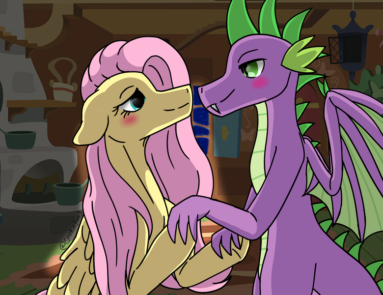 Size: 6500x5000 | Tagged: safe, artist:cookieponart, derpibooru import, fluttershy, spike, dragon, pegasus, pony, g4, blushing, female, holding hands, image, looking at each other, looking at someone, male, mare, older, older spike, png, requested art, ship:flutterspike, shipping, smiling, smiling at each other, straight, winged spike, wings