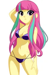 Size: 1023x1440 | Tagged: source needed, suggestive, artist:rosemile mulberry, derpibooru import, sour sweet, equestria girls, g4, alternate hairstyle, arm behind head, arm freckles, bare shoulders, belly, belly button, belly freckles, bikini, body freckles, boob freckles, breasts, chest freckles, cleavage, clothes, cute, ears, eyebrows, eyeshadow, female, freckles, hand on hip, hip freckles, image, long hair, looking at you, loose hair, makeup, natural freckles, png, pose, pouting, raised eyebrow, reasonably sized breasts, shadow, shoulder freckles, simple background, sleeveless, solo, solo female, sour sweets blessed freckles, sourbetes, swimsuit, thigh freckles, underass, white background