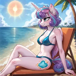 Size: 2400x2400 | Tagged: safe, ai content, derpibooru import, machine learning generated, prompter:infernum, stable diffusion, princess flurry heart, alicorn, anthro, series:flurry-slut, g4, beach, beach chair, bikini, bush, chair, clothes, cloud, generator:pony diffusion v6 xl, horn, image, looking forward, ocean, older, older flurry heart, palm tree, png, sitting, sky, sun, swimsuit, tree, water, wings